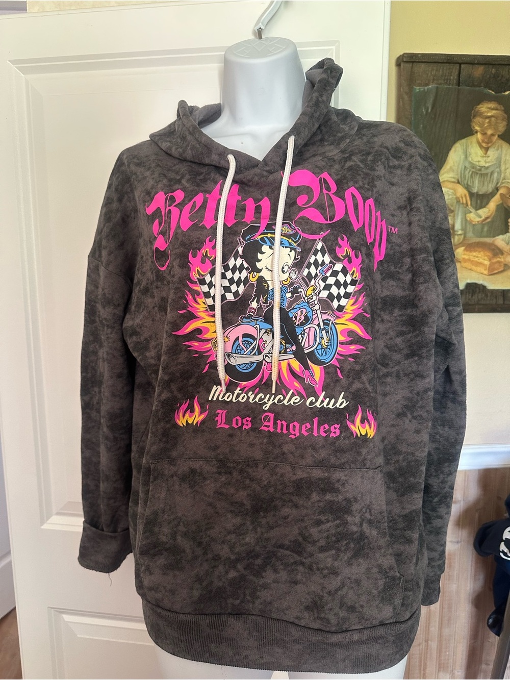 Betty Boop Charcoal Hoodie with Pink & Yellow Graphic